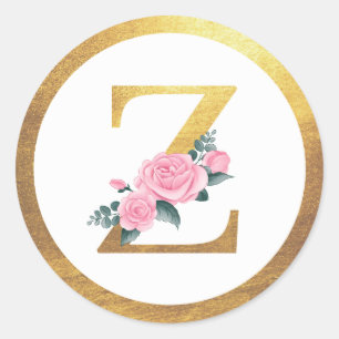 Letter Z Monogram Pink Roses Floral & Elegant Gold Classic Round Sticker