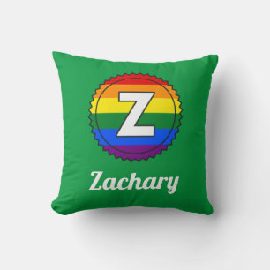 Letter Z & Name Gay Pride Rainbow Monogram - Green Throw Pillow