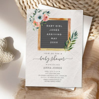 Letterboard Boho Floral Girl Baby Shower Invitatio