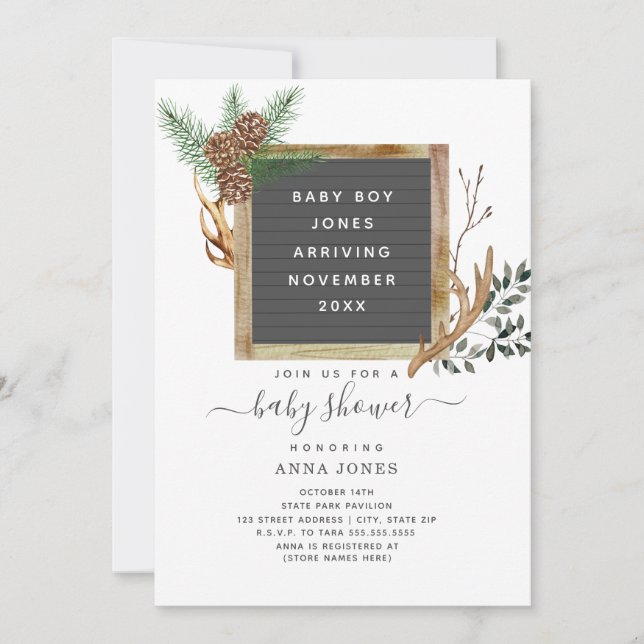 Letterboard Woodland Antlers Baby Shower Invitation (Front)