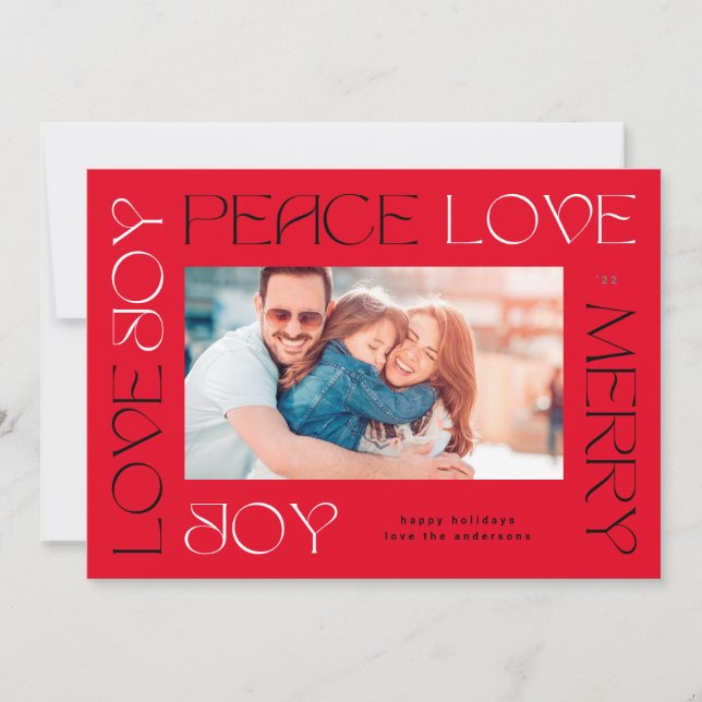 LETTERED | RED BLACK MERRY JOY PEACE LOVE PHOTO HOLIDAY CARD (Front)
