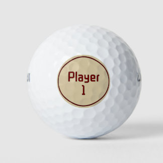 Lettering Player 1 in Deep Red on Beige Golf Balls