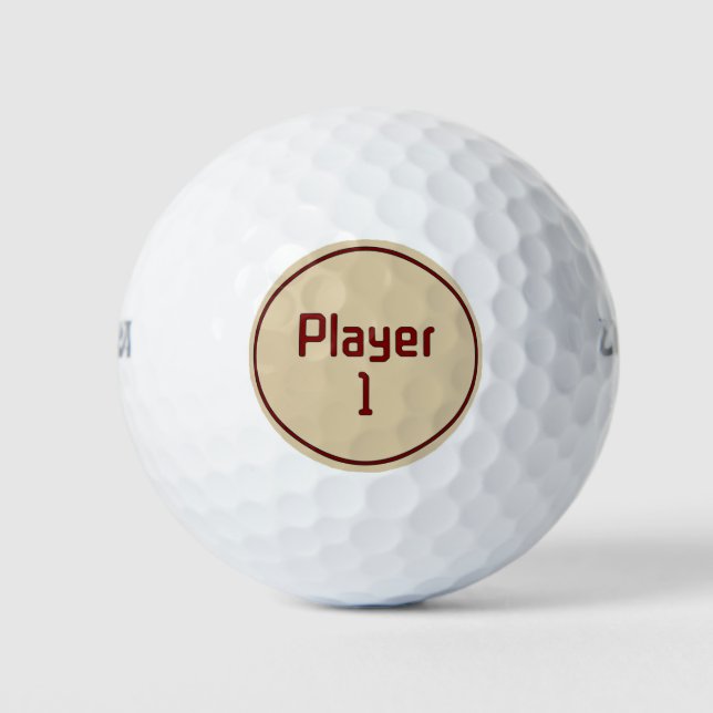 Lettering Player 1 in Deep Red on Beige Golf Balls (Front)