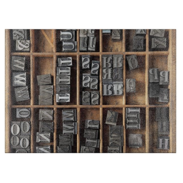 Letterpress lead type in a case cutting board (Front)