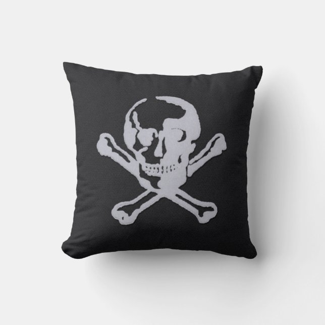 Letterpress Style Jolly Roger Soft-black Throw Pillow (Front)