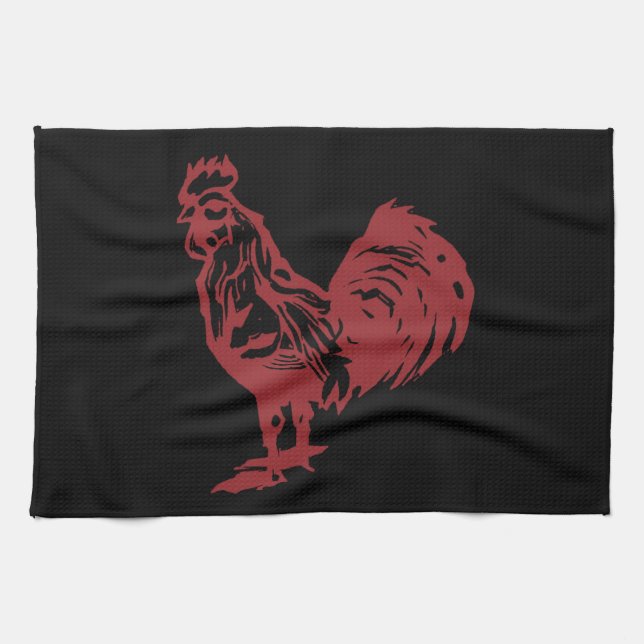 Letterpress Style Red Rooster Kitchen Towel (Horizontal)