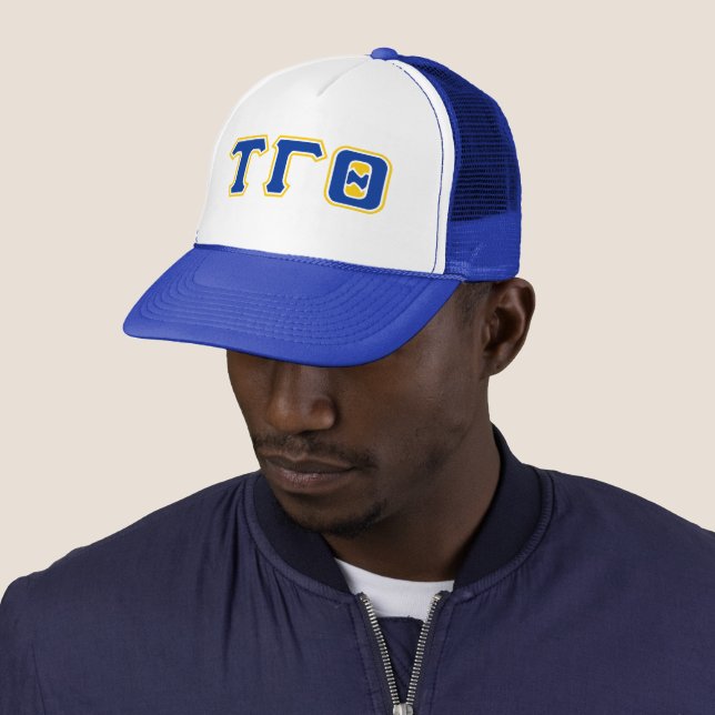 Letters Trucker Hat - Royal w/ Yellow Outline (In Situ)