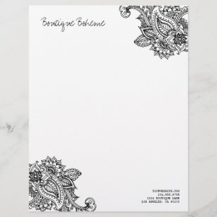 Lettre À En-tête Henné noir et blanc illustré Bohemian Paisley