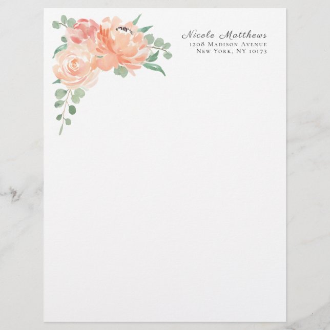 Lettre À En-tête Peach et rose aquarelle Floral Personnalisé (Devant)