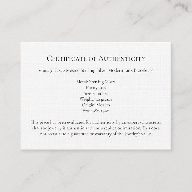 Lettre bijoux Authenticité, Modèle de certificat (Devant)