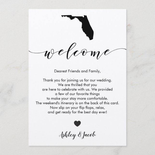 Lettre de bienvenue du Mariage de Floride et carte (Devant)
