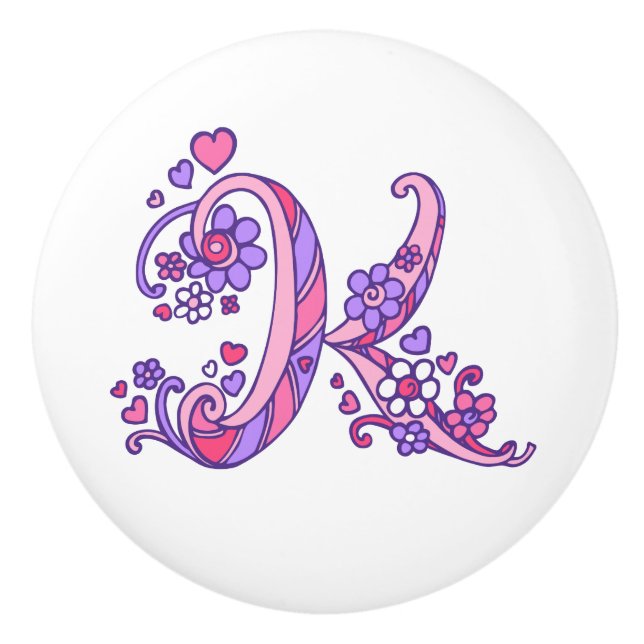 Lettre décorative K monogramme rose violet bouton (Devant)