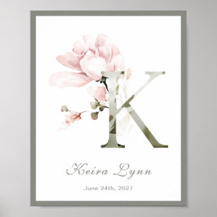 Lettre K Monogramme rose Blanc Floral Poster