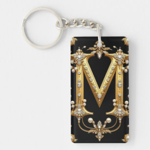 Lettre M Monogramme en Or avec Diamants et Perles