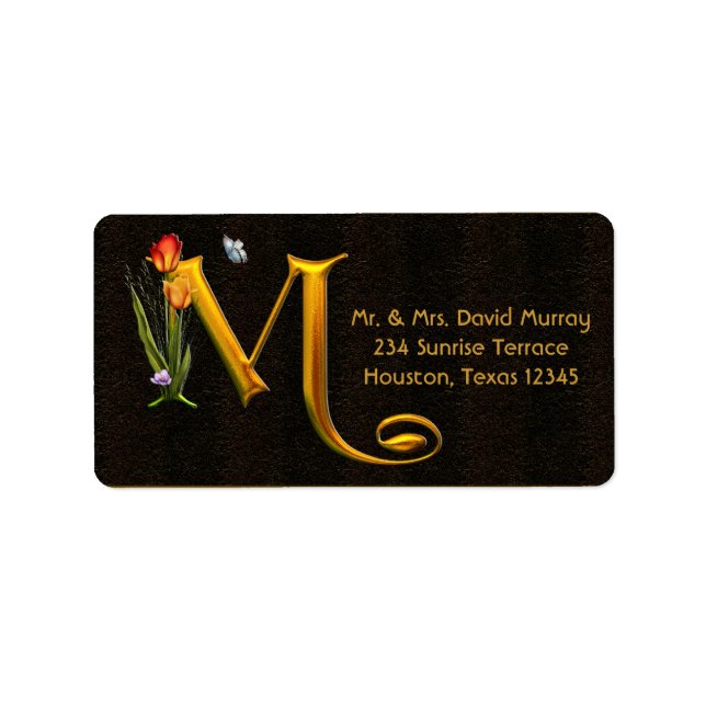 Lettre M Monogramme Tulipes Papillon Étiquette de  (Devant)