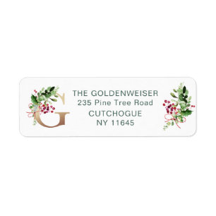 Lettre monogramme G, Étiquette Pine Holly Berry