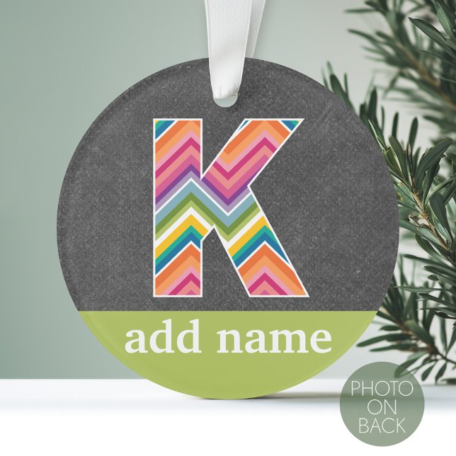 Lettre monogramme K - Chalboard et Chevrons lumine (Personalized Photo Ornament with a State Design on the Front and Photo on the Back)