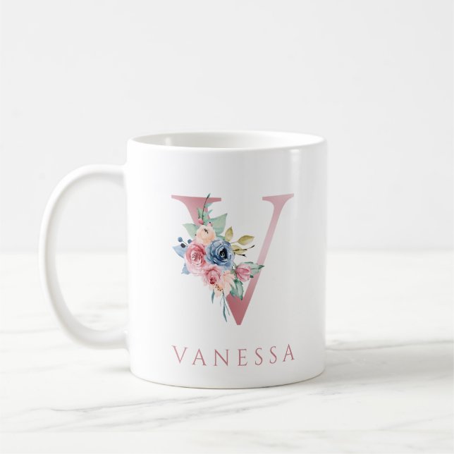 LETTRE MONOGRAPHIQUE V Aquarelle Florale Café Mug (Gauche)