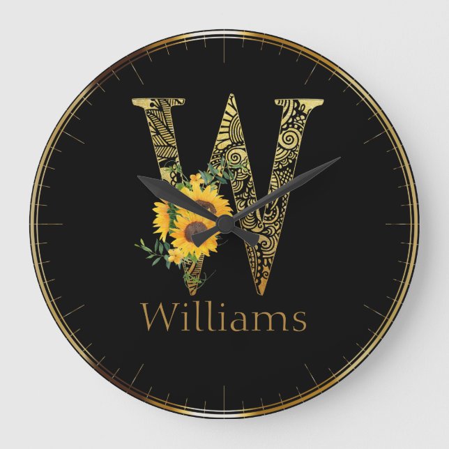 Lettre noire et or W Sunflower Horloge ronde (Recto)
