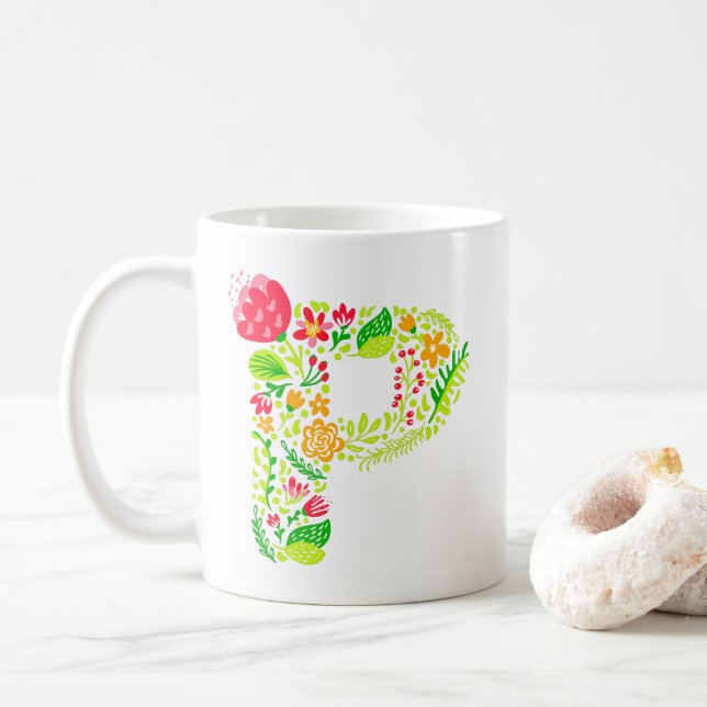 Lettre P en Fleurs Café Mug (Avec donut)