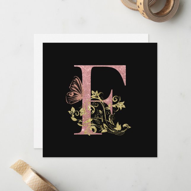 Lettre Parties scintillant rose Florale F Carte Ca (Devant/Arrière en situation)