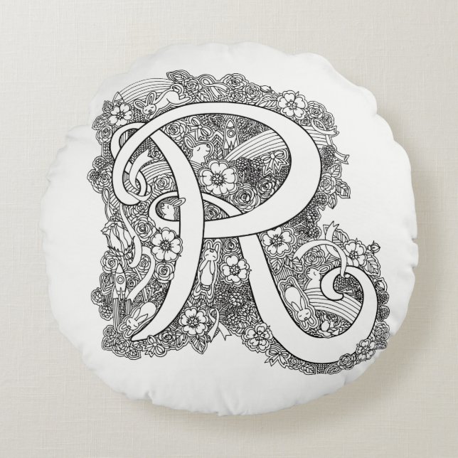 Lettre R mono doodle enchevêtré motif coussin rond (Devant)