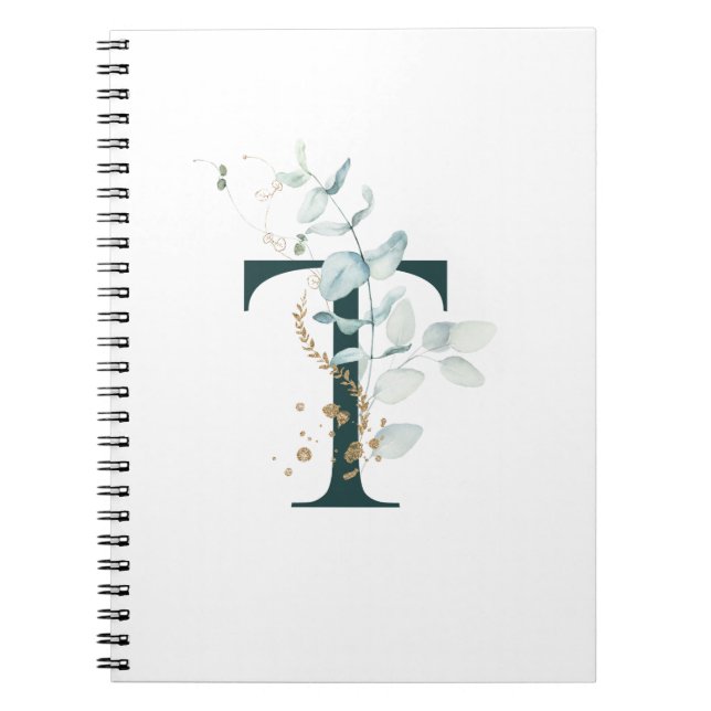 Lettre T Eucalyptus et Carnet monogramme or (Devant)