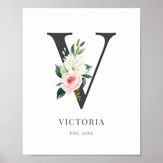 Lettre V Monogramme Aquarelle Florale Poster (Devant)