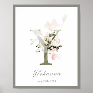 Lettre Y Monogram Rose Floral Nursery Poster