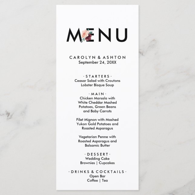 Lettres de fleurs | Carte de menu du dîner Maroon (Devant)