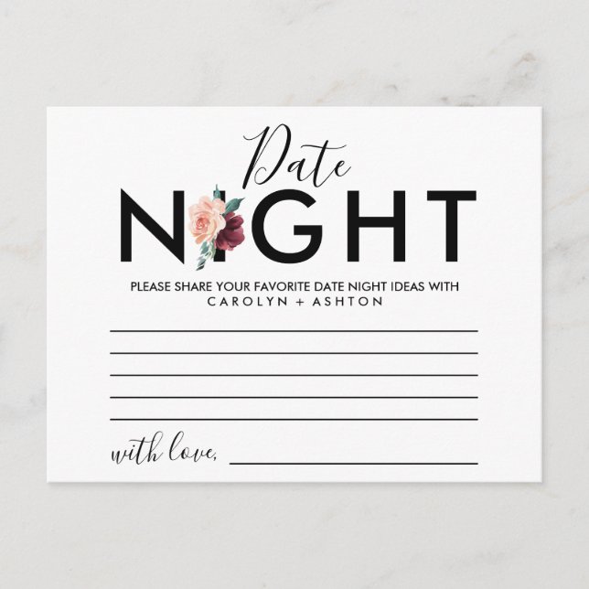 Lettres de fleurs | Cartes d'Idées de Nuit Date Ma (Devant)