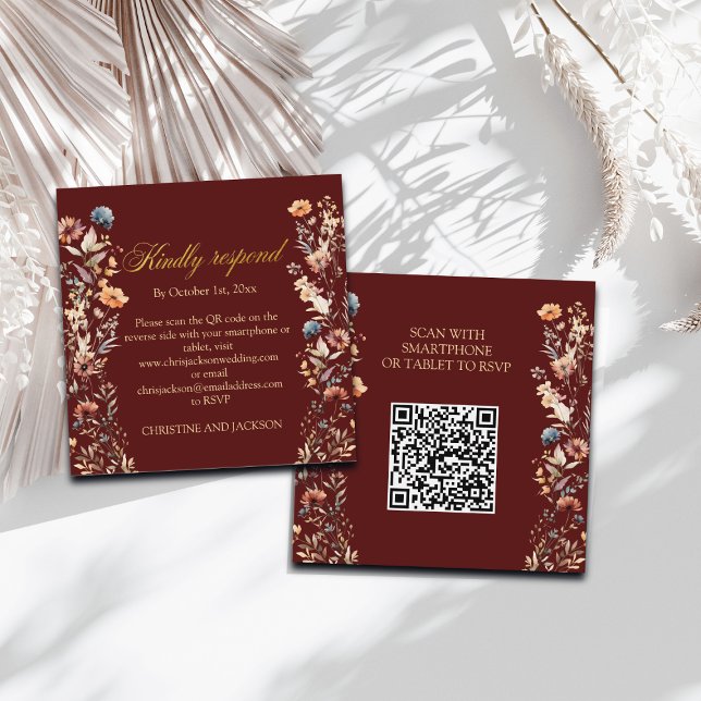 Lettres d'or Fleur sauvage Code QR Mariage Carte R (Créateur téléchargé)