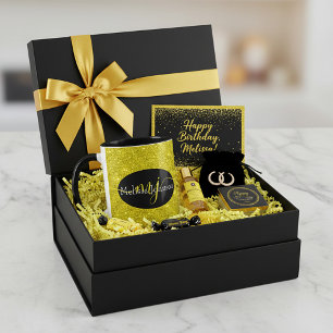 Lettres élégantes sur mug noir et jaune pailleté