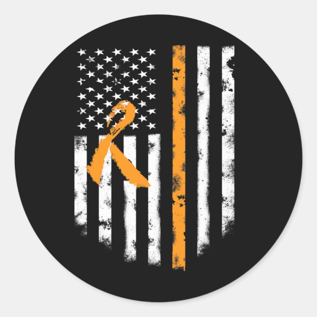 Leukaemia Awareness  American Flag Orange Ribbon T Classic Round Sticker (Front)