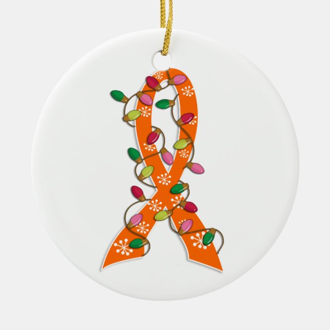 Leukaemia Christmas Lights Ribbon Ceramic Ornament (Front)
