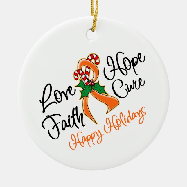 Leukaemia Hope Love Cure Happy Holidays Ceramic Ornament (Front)