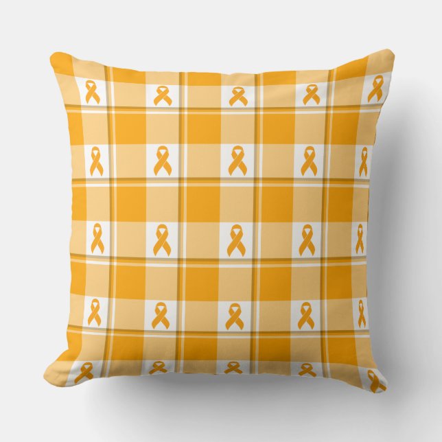 Leukemia Awareness Plaid Orange Ribbon Throw Pillow (Front)