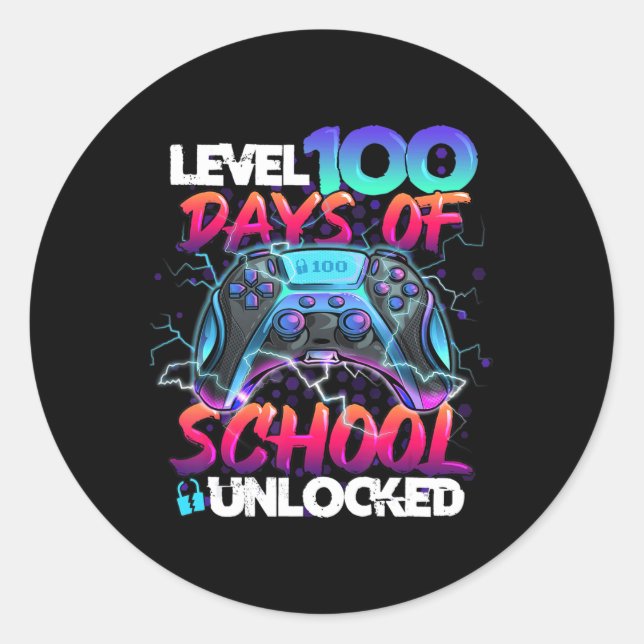 Level 100 Days Of School Unlocked Gamer Kids Video Classic Round Sticker (Front)