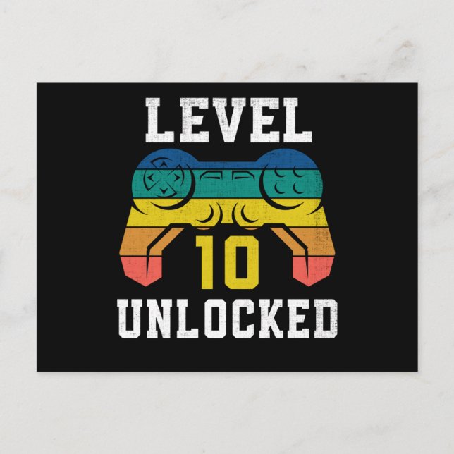 Level 10 Unlocked, 10th Gamer Birthday Distressed Postcard (Front)