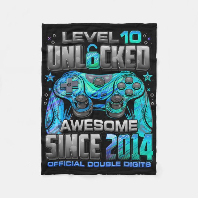 Level 10 Unlocked Awesome Since 2014 10th Birthday Fleece Blanket (Front)
