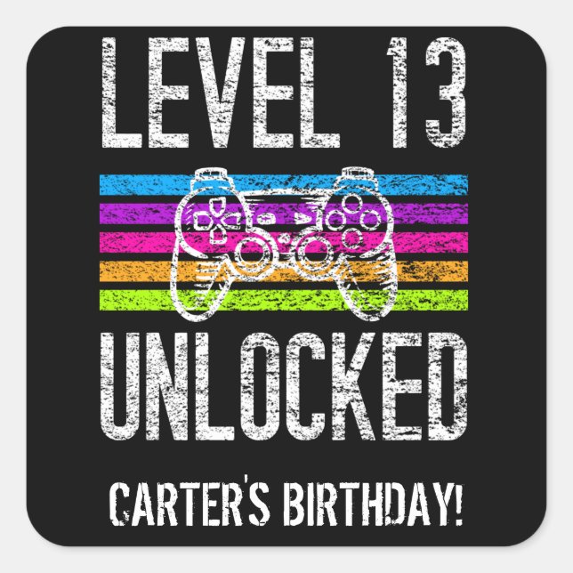 Level 13 Unlocked 13th Birthday Personalized Gamer Square Sticker (Front)