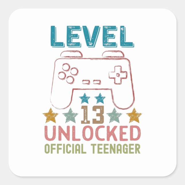 Level 13 unlocked official teenager gamers square sticker (Front)