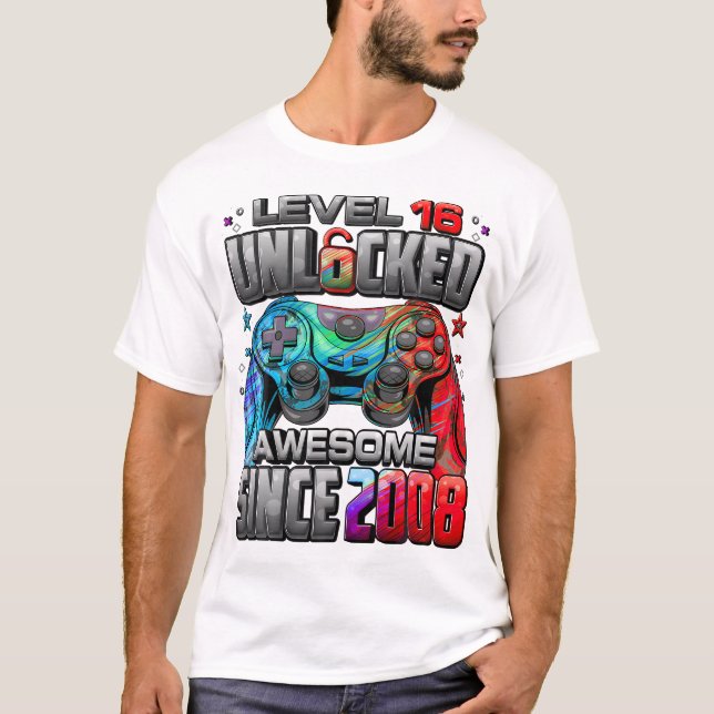 Level 16 Unlocked Awesome Since 2008 16th Birthday T-Shirt (Front)