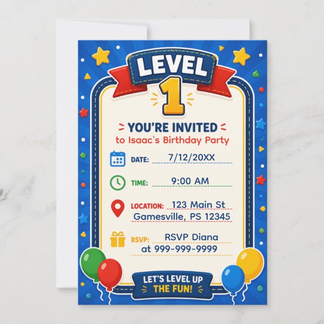 Level 1 Birthday Party Invitation | Video Game  (Front)