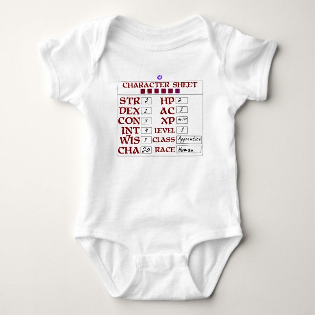 Level 1 Human Baby RPG Character Sheet Bodysuit (Front)