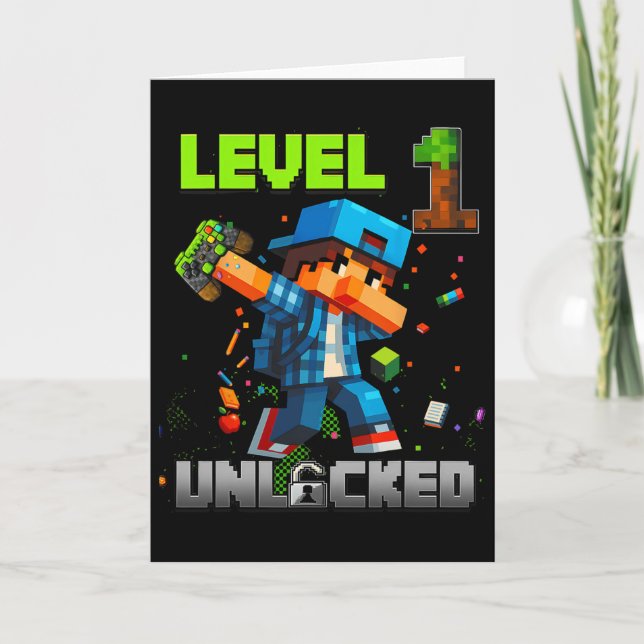 Level 1 Unlocked Funy Birthday Boy Pixel Gamer 1st Card (Front)