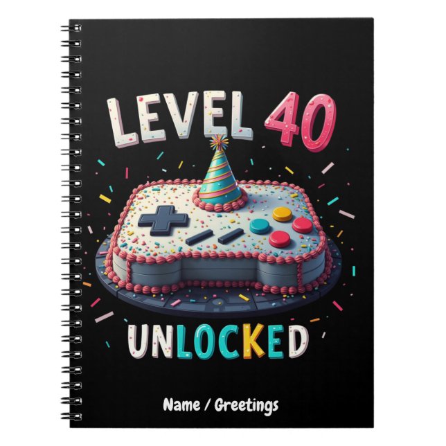 Level 40 Unlocked Gaming Style 40th Birthday Notebook (Front)