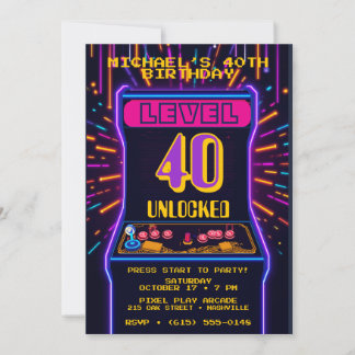 Level 40 Unlocked Retro Arcade Birthday Invitation