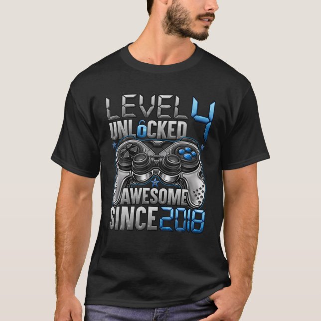 Level 4 Unlocked Awesome Since 2018 4Th Birthday G T-Shirt (Front)