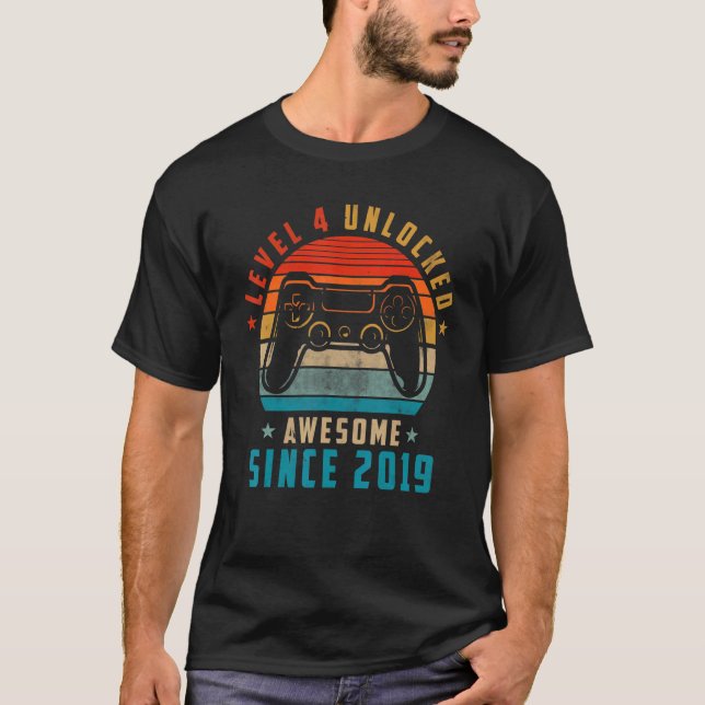 Level 4 Unlocked Awesome Since 2019 4th Birthday G T-Shirt (Front)